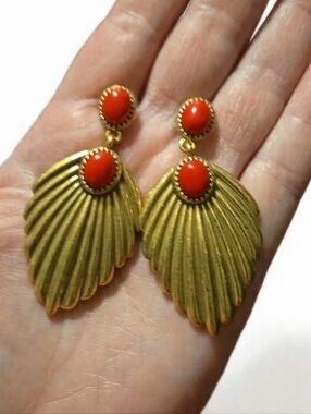 Gold-Tone Red Cabochon Shell Drop Earrings - Designer